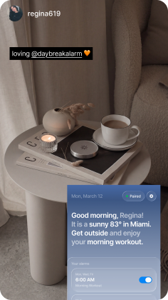 Daybreak dock on a bedside table with morning brief overlay