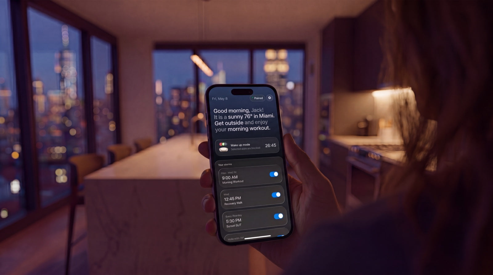 Daybreak app alarm setup screen in a bedroom