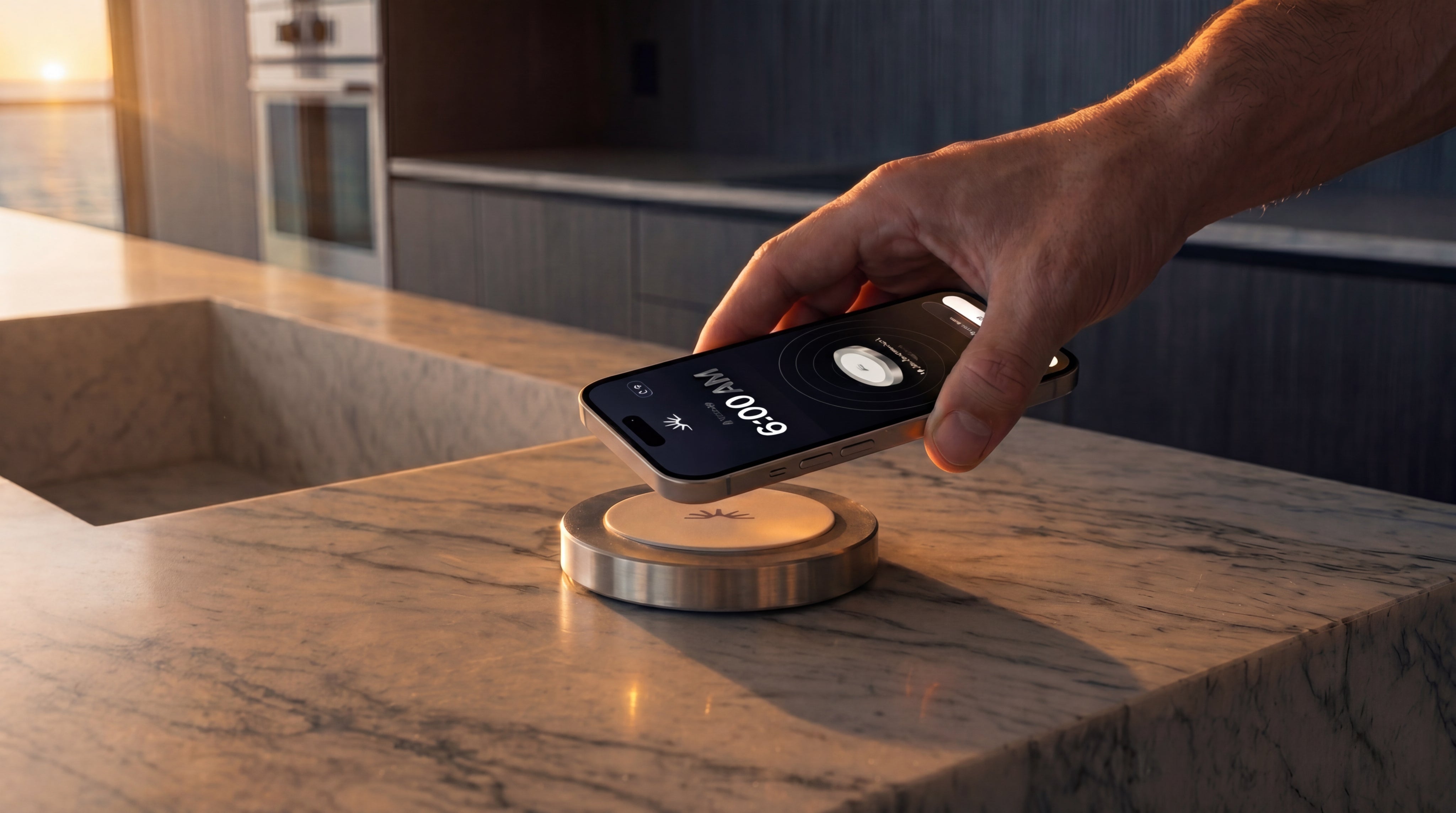 Phone tapping the Daybreak Dock on a bedside table