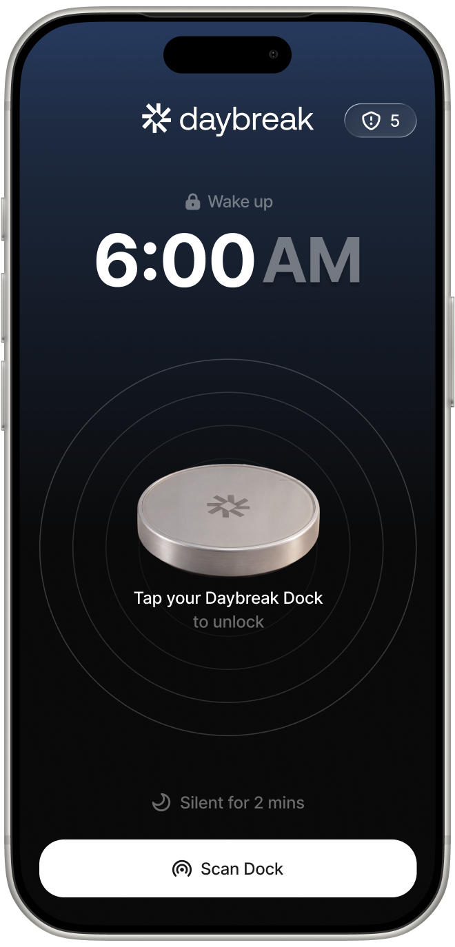 Phone showing the Daybreak dock scan alarm screen