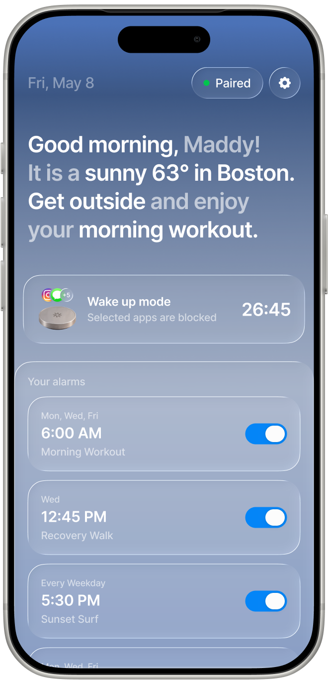 Phone showing Daybreak morning brief and alarms